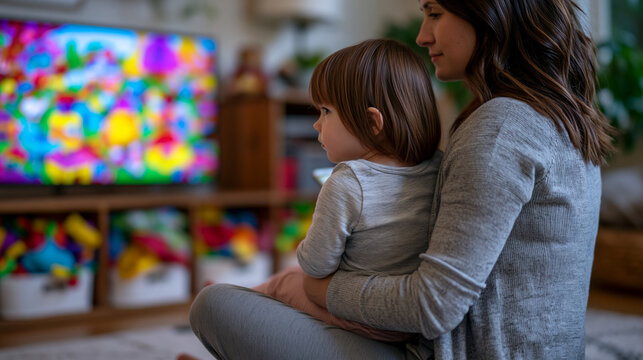 Parent sitting cross-legged on playroom floor, toddler on lap watching educational program on large screen, parent scrolling parenting forum on phone simultaneously with conflicted expression, toys 