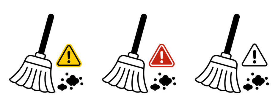 Broom cleaning warning icon variations, contaminated dust with caution triangles for hantavirus risk, unsafe sweeping, rodent disease prevention, sanitation safety and hygiene guidance