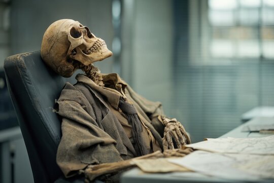 Overworked skeleton waits patiently at office desk