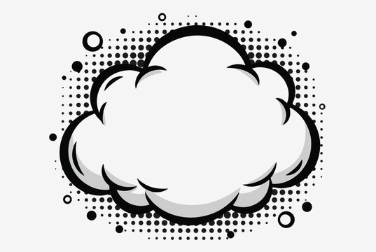 Stylized white cloud with a thick black outline set against a decorative grey halftone dot background for graphic design projects.
