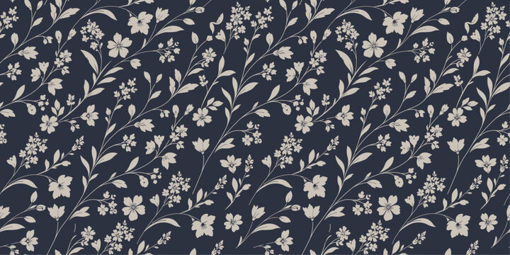 Seamless Floral Pattern with Elegant Botanical Vines, Minimal Line Art Flowers on Navy Background