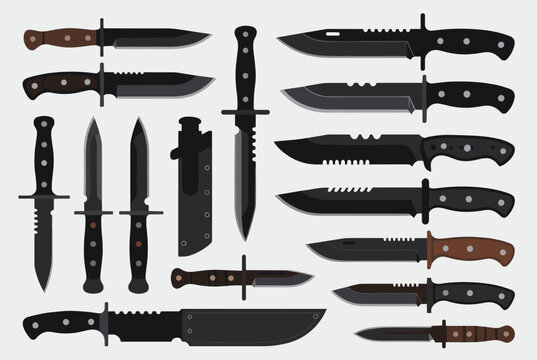 Collection of various tactical knives and daggers with different blade shapes and handle designs in flat style.