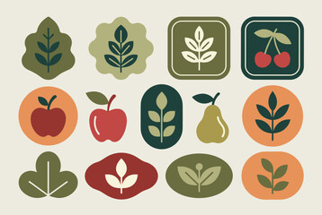 Fototapeta premium Decorative pattern displays various natural elements like leaves, apples, pears, and cherries within circular and shaped borders.