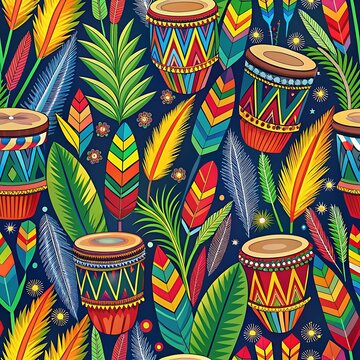 Colorful tribal drums surrounded by vibrant feather and leaf patterns design