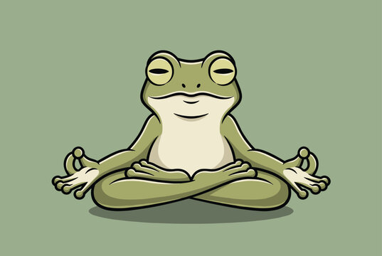 Green frog character sitting in a peaceful meditative yoga pose with closed eyes and relaxed hands on a solid green background.