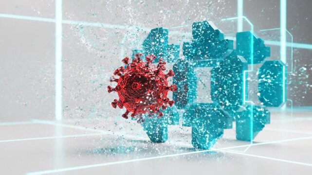 Virus particle interacting with digital code.