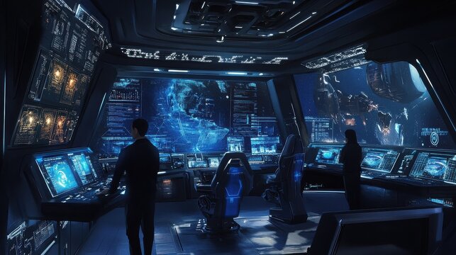 People inside futuristic spaceship command bridge at night