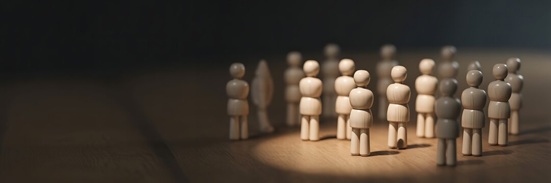 A group of wooden human figures standing together on a wooden surface in a dark room