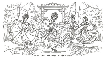 Obraz premium Traditional Dancers One Line Drawing – Cultural Ceremony Spinning Dance Motion Abstract Line Art
