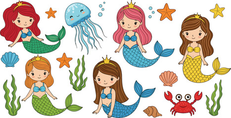 Vector set of cute little mermaid princesses and under the sea sea creatures like jellyfish, crab, starfish, and seaweed, isolated on a white background. © Hosneara