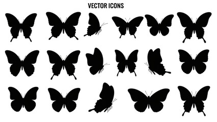 Obraz premium Butterflies Lepidoptera Wing Shapes Silhouette Vector Icon Sheet, Minimalist Black Bug Graphic Elements Isolated on White