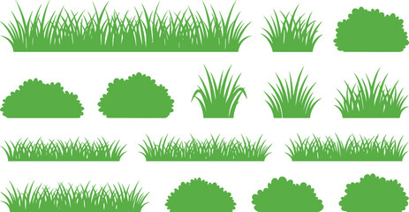Vector set of green grass silhouettes, borders, tufts, and bushes elements isolated on white background, perfect for nature landscapes and garden designs. © Hosneara