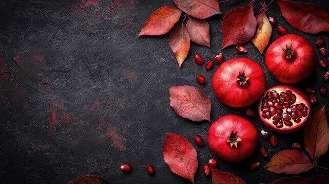Fresh pomegranates and red leaves on dark rustic background