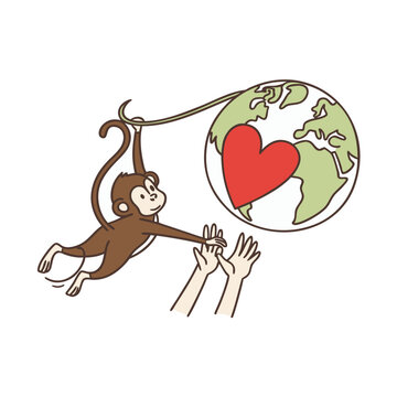 Cartoon illustration of a monkey swinging towards human hands and a heart-shaped Earth, symbolizing environmental connection and care.