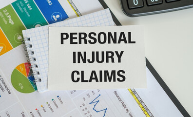 Fototapeta premium Personal Injury Claims sit atop financial documents. Graphs and charts surround a legal notepad.