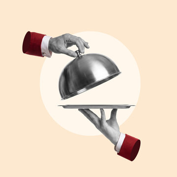 tray, serving dish, waiter, gourmet, hand, service, holding, restaurant, domed tray, icon, symbol, human hand, plate, chef, dining, food, metal, butler, cafe, cooking, dinner, food service, lid