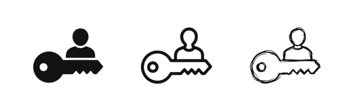 Account key and owner icon set with solid, outline and hand-drawn styles