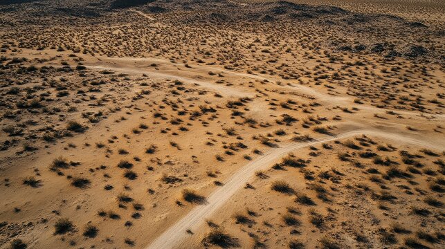 Aerial view of desert landscape with sparse vegetation and dirt road