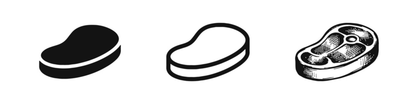 Raw meat steak icons set in flat, line art and detailed sketch styles