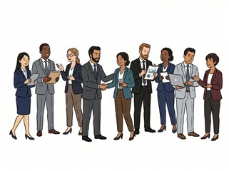 Obraz premium Hand-Drawn Illustration of Business People in Suits Diverse Team