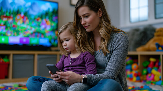 Parent sitting cross-legged on playroom floor, toddler on lap watching educational program on large screen, parent scrolling parenting forum on phone simultaneously with conflicted expression, toys 