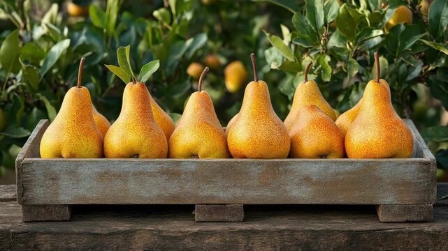 Eight ripe pears in a wooden crate in orchard setting with lush foliage background