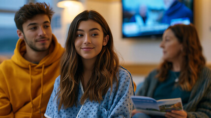 Fototapeta premium Teenage couple in hospital waiting room, young woman in medical gown beside supportive male partner, her mother seated across from them holding folded brochure, muted television mounted in corner sh