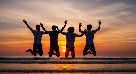 Fototapeta premium Four friends jumping in the air at sunset on a beautiful beach