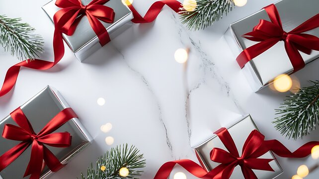 Festive silver gift boxes with red ribbon and evergreen branches for holiday celebrations