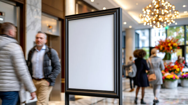 Blank poster mockup on illuminated display panel inside modern hotel lobby elevator bank area, empty clean white backlit display frame for luxury brand or event design, hotel guest