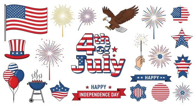 Collection of Independence Day themed graphics including fireworks, an eagle, balloons, and a BBQ grill