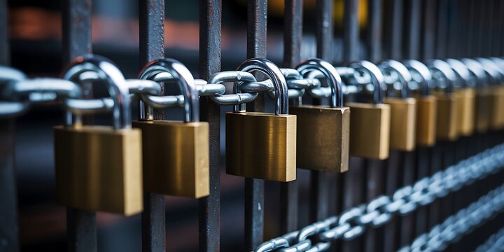 A row of golden padlocks attached to a metal fence with silver chains for security and privacy