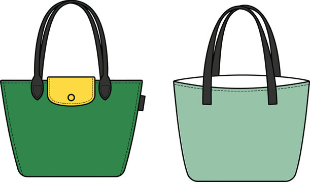 A professional vector illustration set featuring casual women canvas tote bags and green fashion handbags with shoulder straps