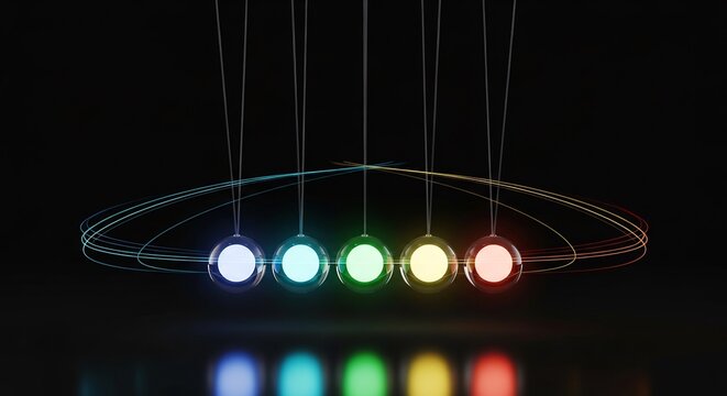 Glowing Colorful Newton Pendulum Balls Aligned in Motion on Dark Background