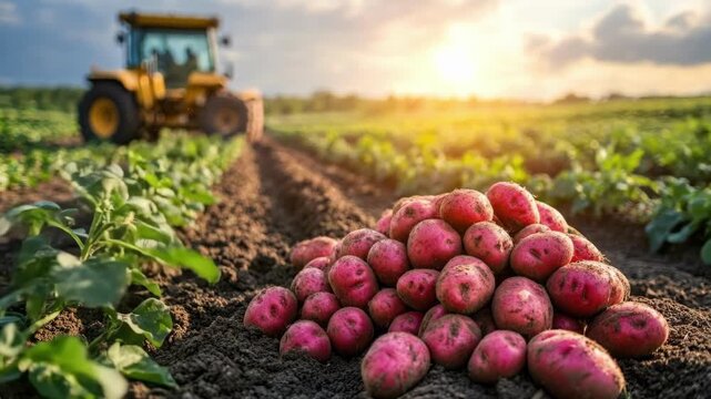 Freshly harvested potatoes in a sunny field with tractor in background