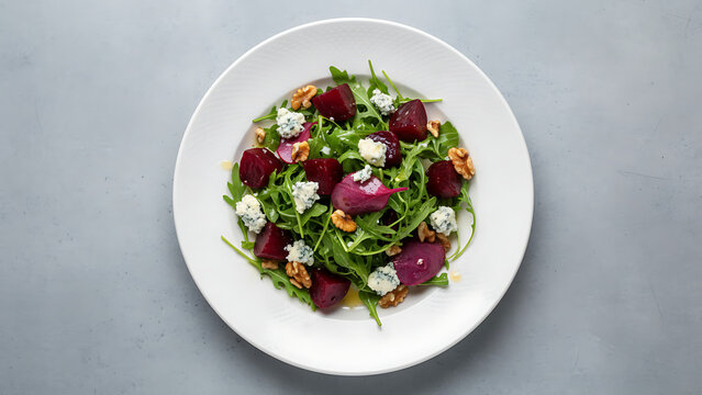 Gourmet roasted beetroot salad featuring crumbled blue cheese, fresh arugula, and crunchy walnut pieces served on a clean white plate over a neutral gray background from a top down perspective.