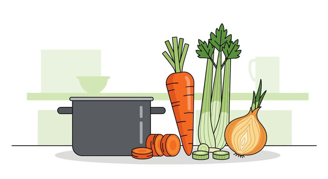 Fresh Vegetables and Cooking Pot: Carrot, Celery, Onion, Sliced Carrots, Kitchen Background