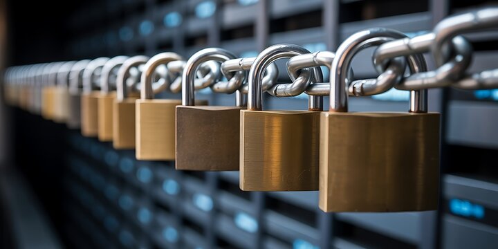A row of padlocks linked together on a chain in front of computer servers