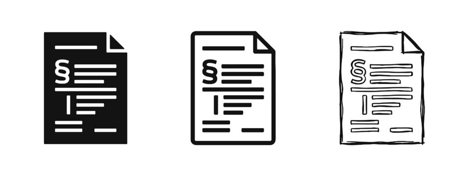 Legal document and paragraph symbol icons - Solid, outline, and hand-drawn styles for law and contracts