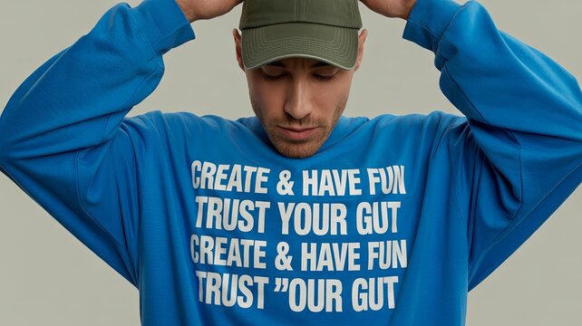 Man wearing blue long sleeve shirt with inspirational text crew neck casual wear inspirational clothing sweatshirt pullover fashionable street style menswear typography affirmation
