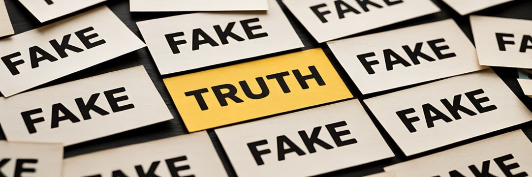 A single yellow card with truth stands out among many white cards with fake