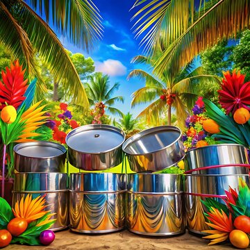 Shiny Metal Drums Set Against Tropical Fruit and Palm Trees Background
