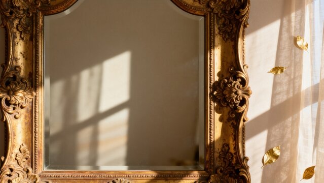 Ornate mirror with golden leaves