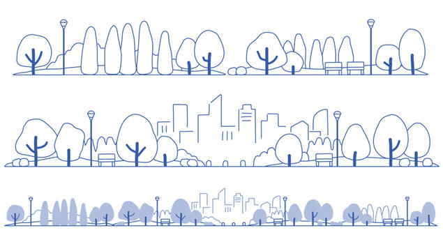 都市の公園とビルの街並み　シンプルな手描き線画イラスト