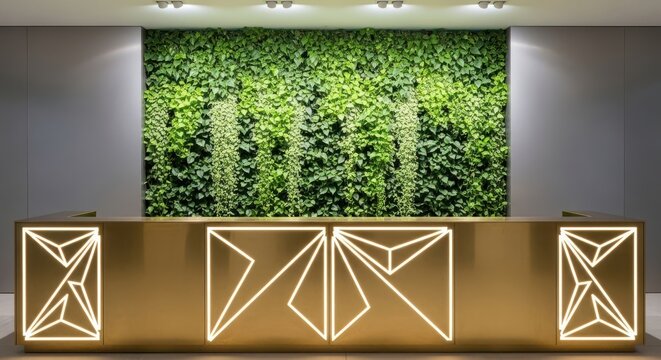 Modern reception desk with illuminated geometric design beneath a lush green living wall in a contemporary office lobby