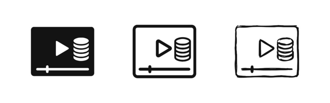 Video Monetization and Content Revenue Icon Set with Media Player and Coins