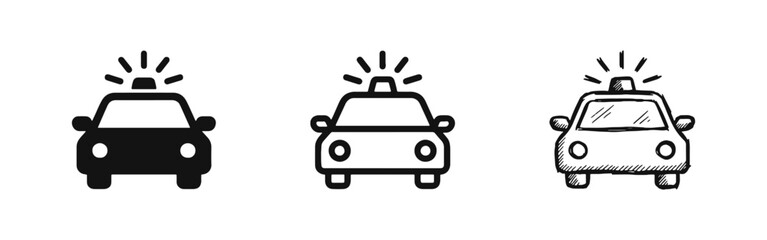Police Car and Law Enforcement Icon Set with Emergency Siren © drawing lines