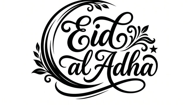Eid al-Adha Celebration Typography: Elegant black and white calligraphy spells out Eid al-Adha, adorned with a crescent moon, stars, and leafy flourishes, signifying a joyous Islamic festival.