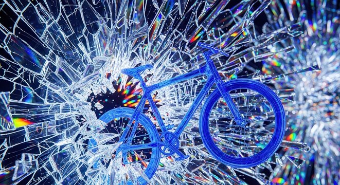 Blue bicycle, shattered glass, broken window, bike illustration