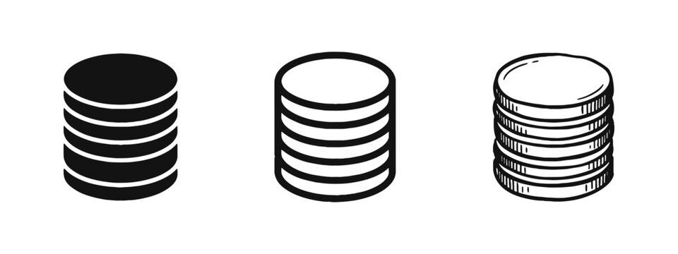 Stack of Coins Icon Set Representing Money and Savings in Solid, Outline, and Sketch Styles